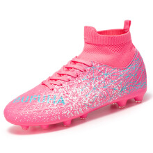 (Pink, 45) High-top football boots, broken nails, TF and spikes FG unisex styles, 4 colors to choose from, anti-slip and wear-resistant