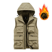 (8879 Khaki, 3XL) New Velvet Thick Cotton Vest Men's Large Loose Shoulder Warm and Cold proof Cotton Tank Top Hooded Casual Thick Coat