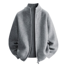 (Gray, XXXL) Cardigan solid color zipper sweater men's knitted sweater autumn and winter popular loose jacket