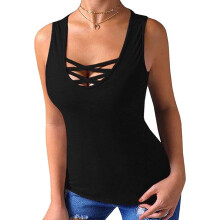Canotta da donna aderente, senza maniche con incrocio sul davanti e tessuto morbido, scollo rotondo, maglietta leggera per l'estate, top casual a