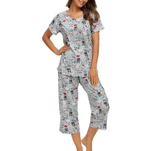 Dames nachtkleding set: losvallende en comfortabele pyjama, zachte en comfortabele lounge set van katoenmix met top met korte mouwen en capri broek,