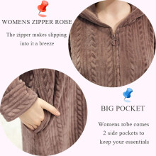Accappatoio da donna con cappuccio, accappatoio lungo in pile con cappuccio e cerniera frontale, con due tasche oblique, accappatoio caldo in morbido