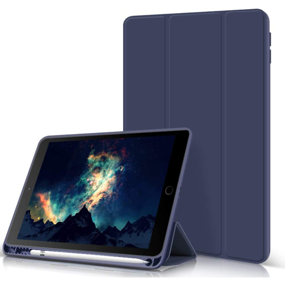 Secure Pencil Holder Case For 10.2 Inch Ipad, Durable Pu Leather With Auto Sleep/Wake Cover And Adjustable Viewing Angles, Navy Blue 9433291711156