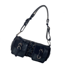 Modische Zylinder-Umhängetasche im Biker-Stil mit Doppeltaschen,