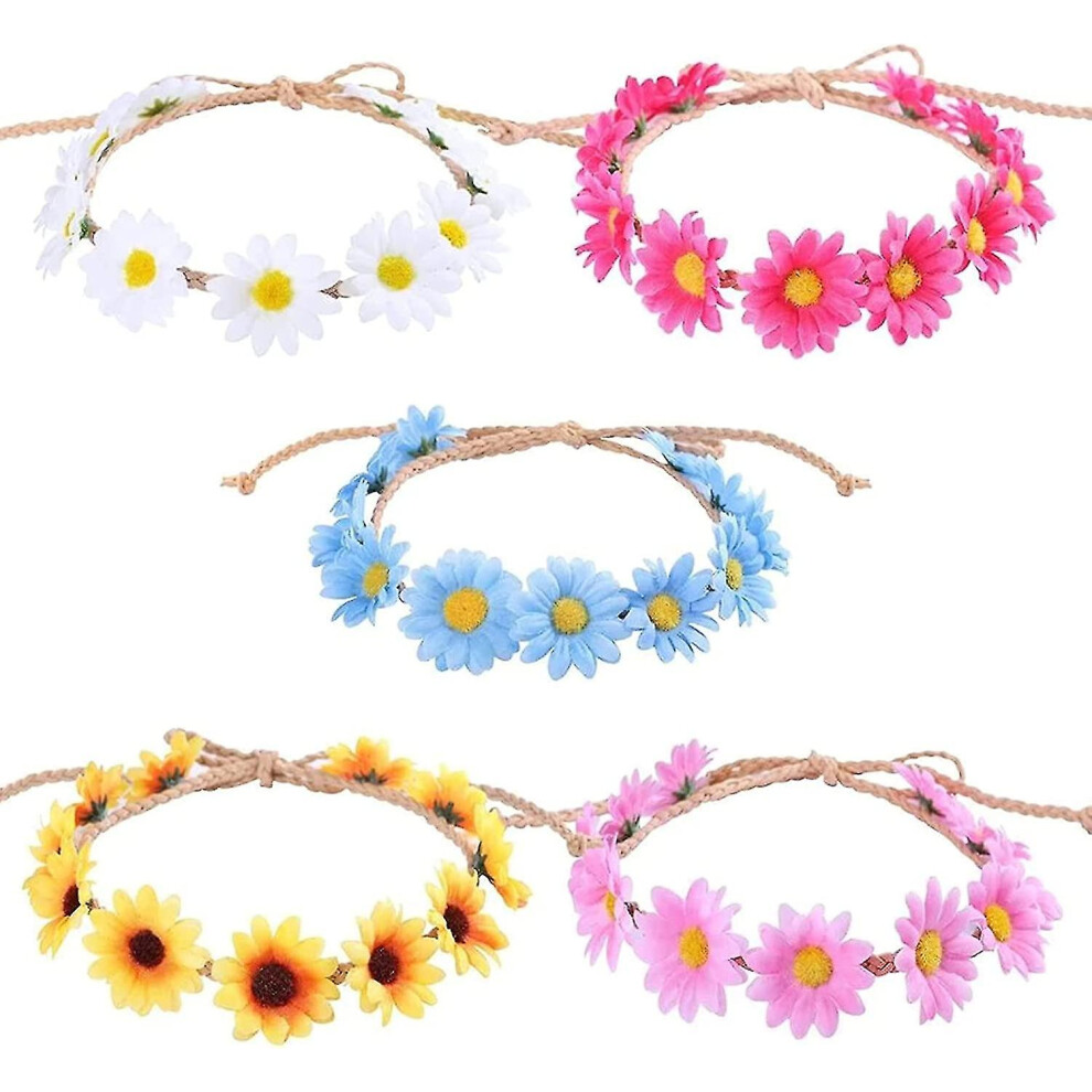 Boho Sunflower Crown, Daisy Hair Wreath Bohemian Style Adjustable Flower Crown for Women Girls Hair Accessories, Set Of 5pcs In Sturdy Fabrics With De