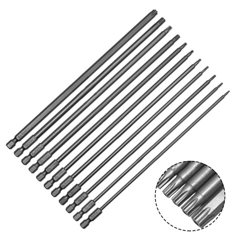 11pcs 200mm Extra Long Torx Screwdriver Bit Security Tamper Proof Star Magnetic Screwdriver 1/4 Hex Screw Driver Bits Hand Tools 1
