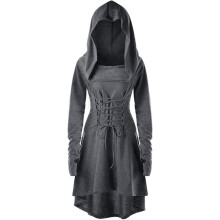 Vestido de manga larga con orificio para el pulgar, vestido estilo jersey vintage con capucha y cordones en la parte delantera y trasera, vestido
