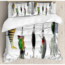 (220x230cm)Fishing Duvet Cover Set Fishing Baits Hobby Leisure Passtime Sports Decorative 3 Piece Bedding Set With 2 Pillow Shams