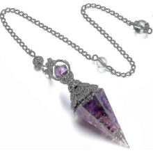 (Purple) Natural Amethyst Crystal Hexagonal Pendulum Necklace For Dowsing, Chakra Balancing And Spiritual Healing - 6 Facet Gemstone Design