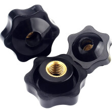 Gekartelde schroefdraadklemknop voor industriële apparatuur, stervormige handgreep met schroefbevestiging en messing inzetstuk, kunststof knop.
