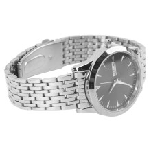 Elegante Quarz Herrenuhr Doppeltes Datum Silberstahlarmband Schwarzes Zifferblatt