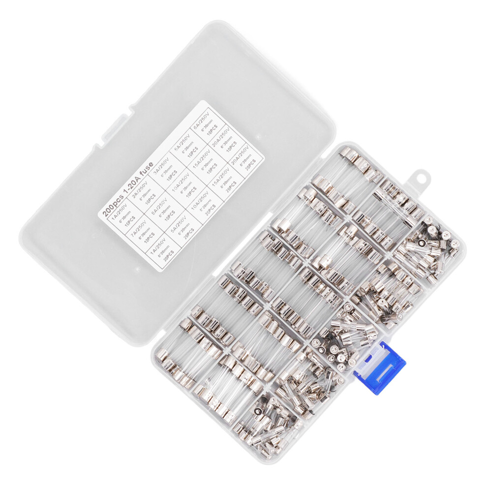 200Pcs Glass Auto Fuses Assortment Kit 250V 5X20mm & 6X30mm 9481370442699