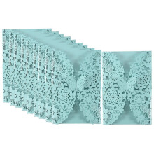 Set of 10 romantic wedding invitations with envelopes and delicate carved butterfly designs.