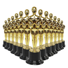 Set of 24 gold plastic star-shaped trophies, perfect for party favors, school awards, game prizes and parties.