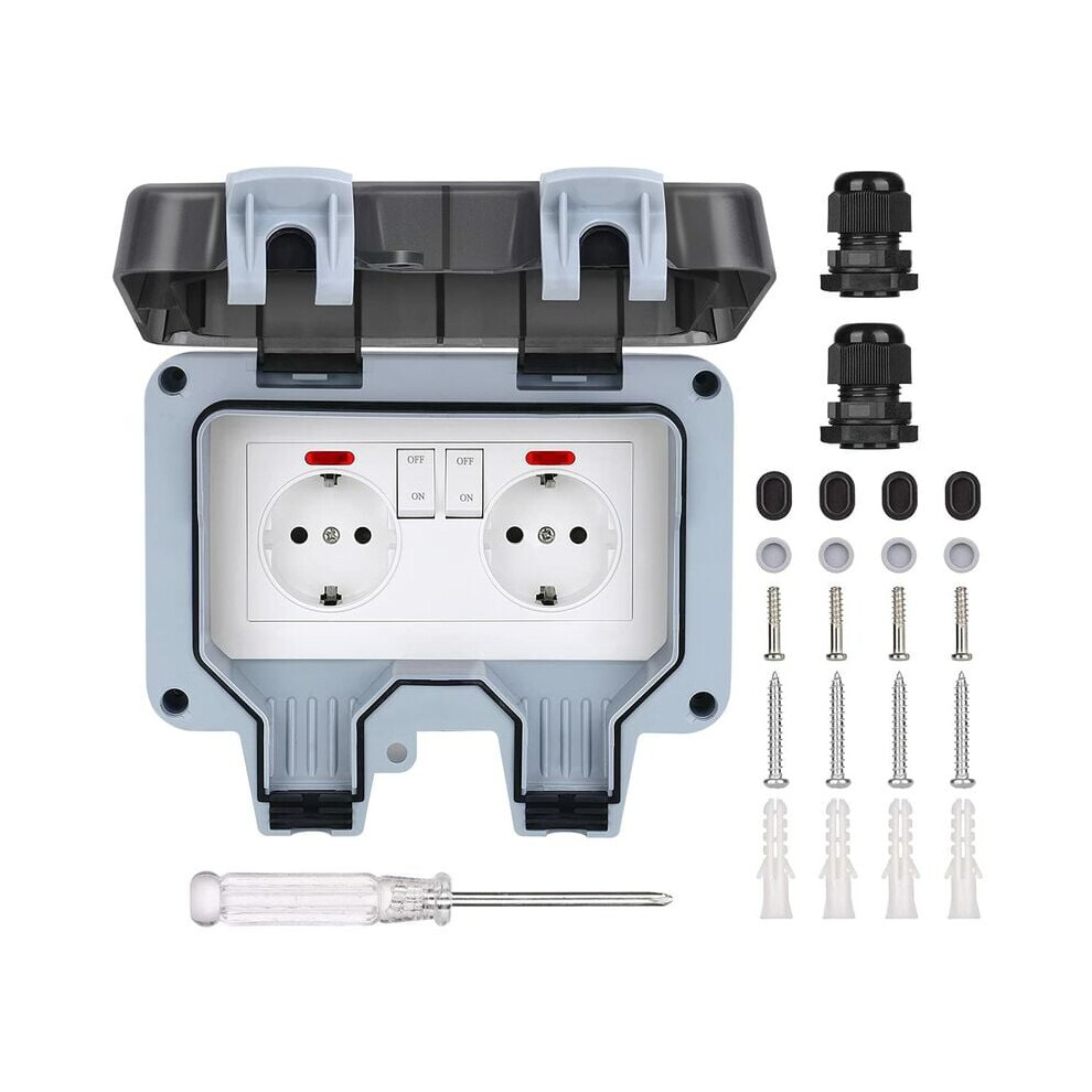 Weatherproof Waterproof Ip66 Outlet Box, Dual 15 Amp Receptacles Outdoor Electrical Outlet With Lockable Socket, Led Indicator And Switch For 9004841848853