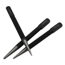 Perforadora cilíndrica negra de 3 piezas con punzón central y sistema de posicionamiento. Accesorios incluidos.