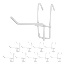 Balenie 10 bielych kovových háčikov, dĺžka 9,3 cm, na nástennú policu.