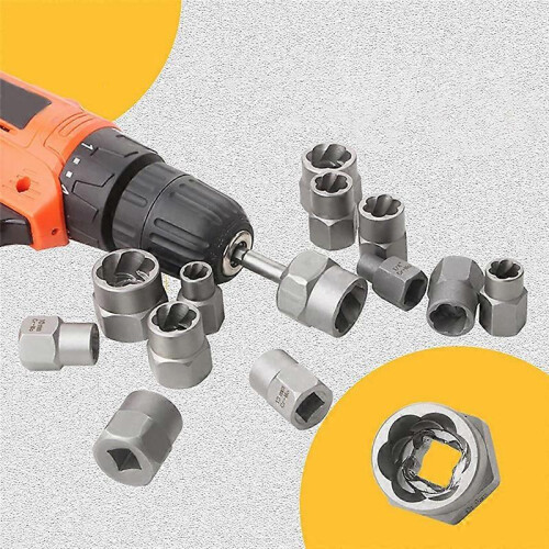 14-piece kit including nut extractors and worn nut removal tools, with hexagonal adapter extraction base. 2