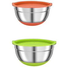 Set van 2 mengkommen met luchtdichte deksels, kleurrijke roestvrijstalen mengkommen voor in de keuken, geen