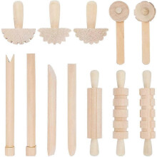 Set of 12 clay and modeling clay tools, play accessories including rollers, a hammer, a party kit and wooden and ceramic tools.