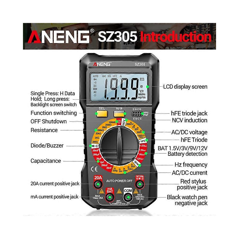 Aneng Sz305 1999 Counts Multimeter Capacitor Tester Smart Voltmeter Ac/Dc Voltage Current Resistance 8156034849770