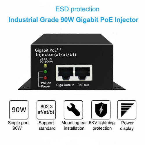 Εγχυτήρας PoE++ υψηλής ισχύος Gigabit 90W (Af/At/Bt) για σημείο πρόσβασης κάμερας IP 1