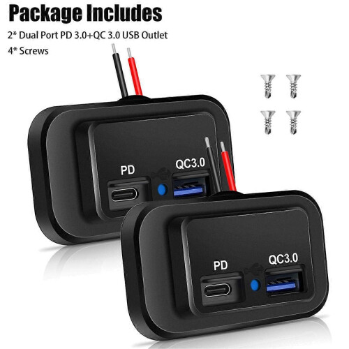 12V/24V RV USB Socket, Dual PD3.0 Type-C (USB C) & Quick Charge QC3.0 USB-A Port Panel-Mount Car USB 2