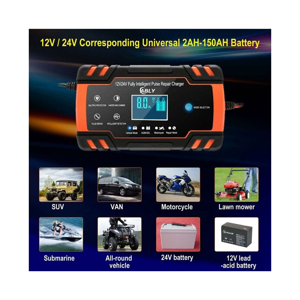 High-Efficiency Pulse Repair Smart Battery Charger, Float Charge Trickle Charger For 12V And 24V Lead Acid Batteries, With Temperature Compensation 9169997185549