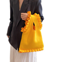 Pleated Ruffle Trim Handbag for Women Fashion Solid-Yellow