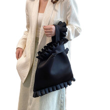 Women Fashion Pleated Ruffle Trim Underarm Bag Solid-Black