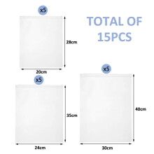 Sacos plásticos foscos com zíper para organização e armazenamento de roupas. Pacote com 15 unidades, resistentes e funcionais, com laterais