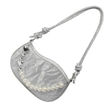 Damen-Umhängetasche mit Perlenkette, PU-Leder,-Silber