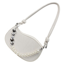 Women Sweet Crossbody Bag Armpit Bag with Pearl Chain PU-Beige
