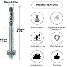 Heavy Duty Fastener for Concrete, High-Quality Carbon Steel Galvanized M10x110mm Torque-Controlled Wedge Expansion Anchor, Concrete Anchor for Heavy