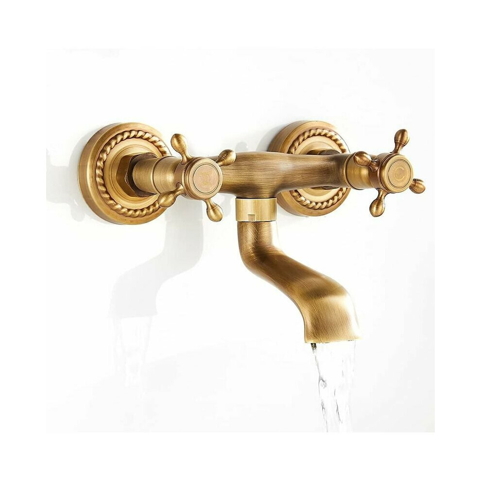 Vintage Brass Wall Mount Faucet, Corrosion Resistant Copper Finish 180 Rotatable For Hot & Cold Water, Leak-Proof Design With Ergonomic Handles For 9405630294743