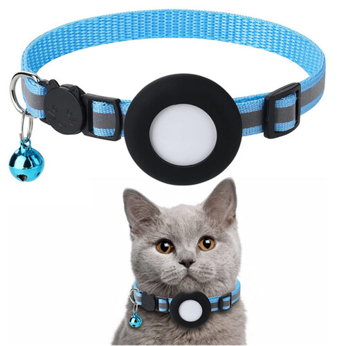 Reflective Nylon Cat Collar with GPS Tracker & Bell, Blue
