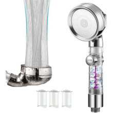 Eco Power Filtered Shower Head, High Pressure with Ionic beads, 3 Spray Settings & Turbo-charged Design, Silver, 3 Replaceable Filters, ON/OFF Switch