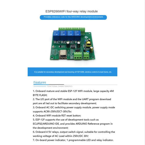 4 Channel ESP8266 Wireless WIFI Relay Module ESP-12F Development Board AC90-250V/DC7-30V/5V E-WeLink APP Remote Control 2
