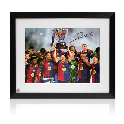 Robert Lewandowski Signed Barcelona Football Photo. Framed