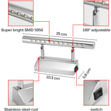 Lámpara de tocador moderna y minimalista para baño, acabado en acero inoxidable, luminaria LED integrada con dirección de luz ajustable, luz