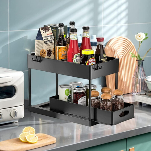Innovative Sink Organizer, Double Sliding Storage Drawer For Kitchen And Bathroom, Space-saving Under Sink Cabinet Storage Solution 1