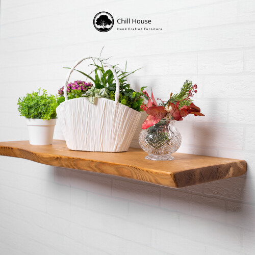 (60 cm, Walnut) Live Edge Rustic Floating Shelf made from Solid Wood, Chunky Old Slab Dark Oak 2