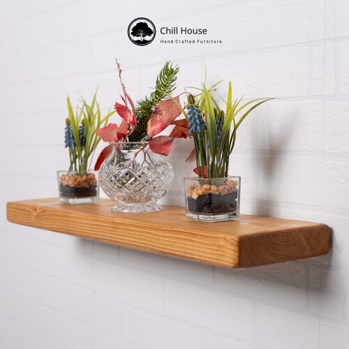 (60 cm, Dark Oak) Industrial Rustic Floating Shelf Solid Wood Chunky Handmade with Brackets 9x2 2