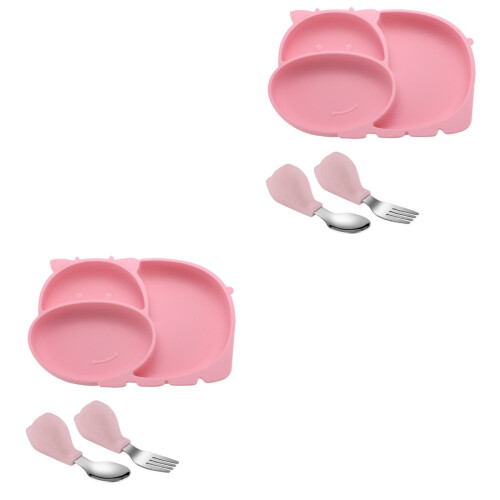 2Stk Trainings Teller Für Kinder, Silikon, Pink, Mit Essensfächern 2