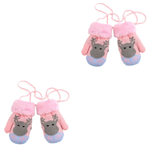 2Paare Gestrickte Kinderhandschuhe Plüsch Fäustlinge Rosa Winter 2