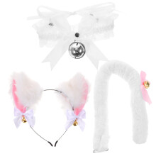 4Set Fascia Orecchie Gatto Bianca Con Coda E Collare Per Cosplay Festa