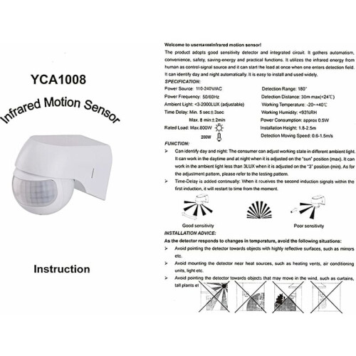 Interruptor com sensor PIR adaptável, pronto para uso interno e externo, com alta sensibilidade e controle de luz ambiente ajustável. 2