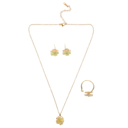 4Sets Vierbladige Groene Blad Ketting Met Katteoog En