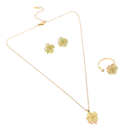 4Sets Vierbladige Groene Blad Ketting Met Katteoog En 2