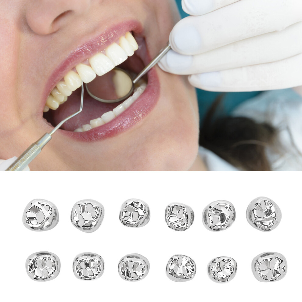 12pcs Stainless Steel Dental Molar Crowns, Restorative Metal Teeth Caps